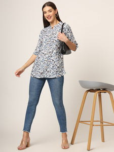 Divena Blue Printed Rayon Fabric Shirt Style Top