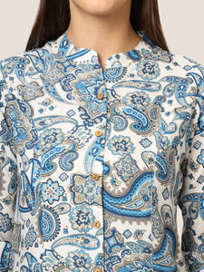 Divena White & Blue Printed Rayon Fabric Shirt Style Top