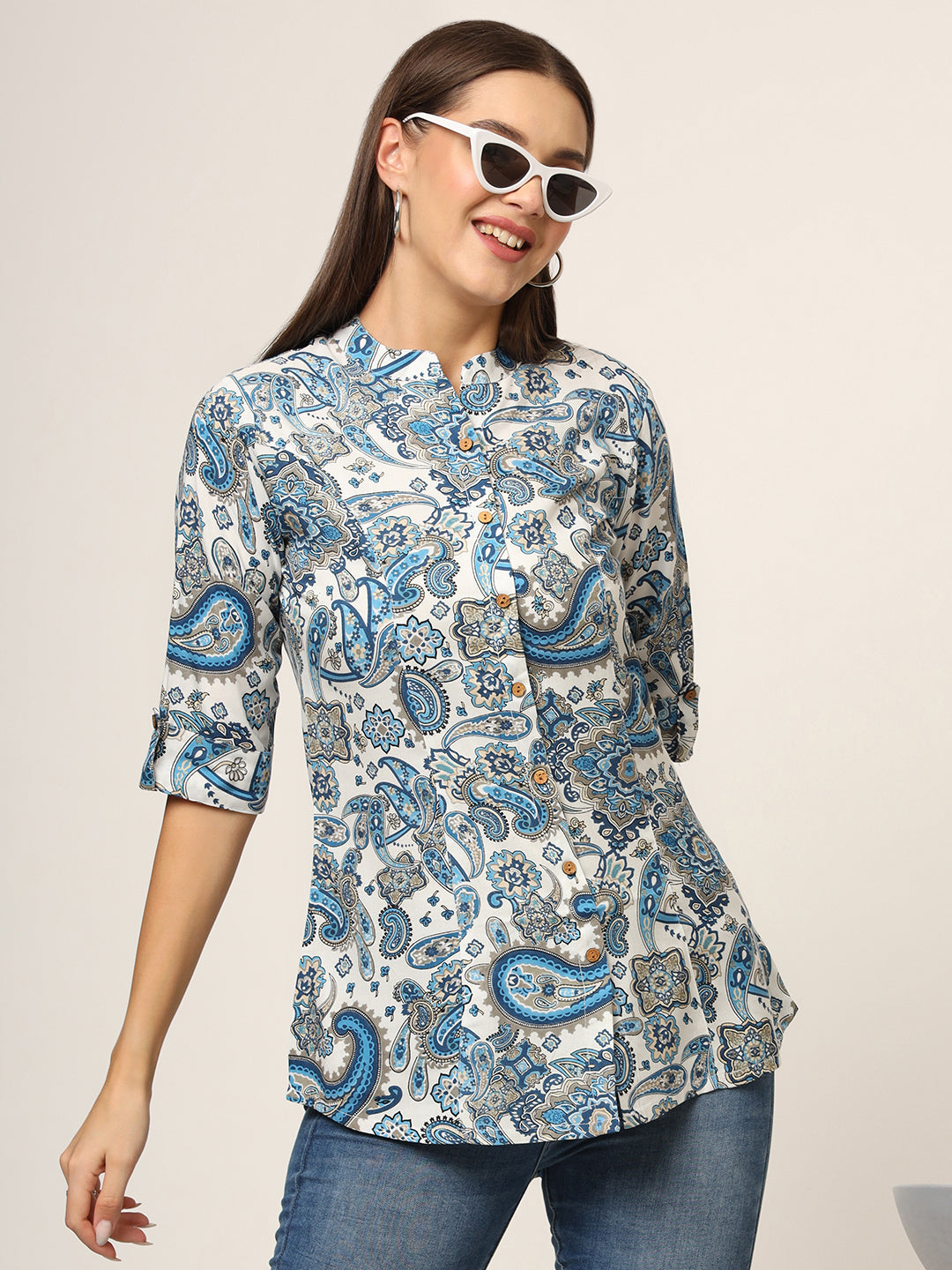 Divena White & Blue Printed Rayon Fabric Shirt Style Top