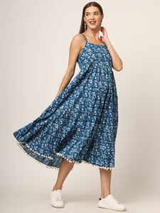 Divena Sky Blue Printed Cotton Fabric Fit & Flare Dress