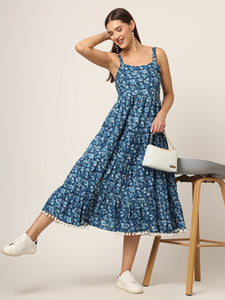 Divena Sky Blue Printed Cotton Fabric Fit & Flare Dress