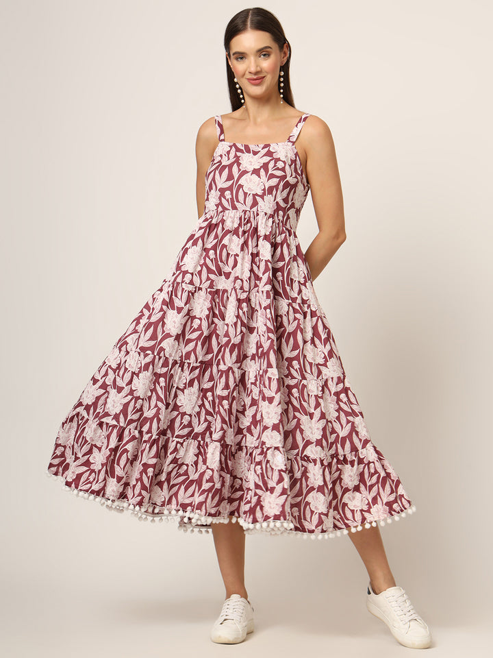 Divena Burgundy Printed Cotton Fabric Fit & Flare Dress