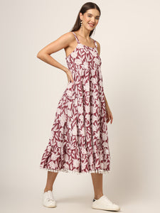 Divena Burgundy Printed Cotton Fabric Fit & Flare Dress