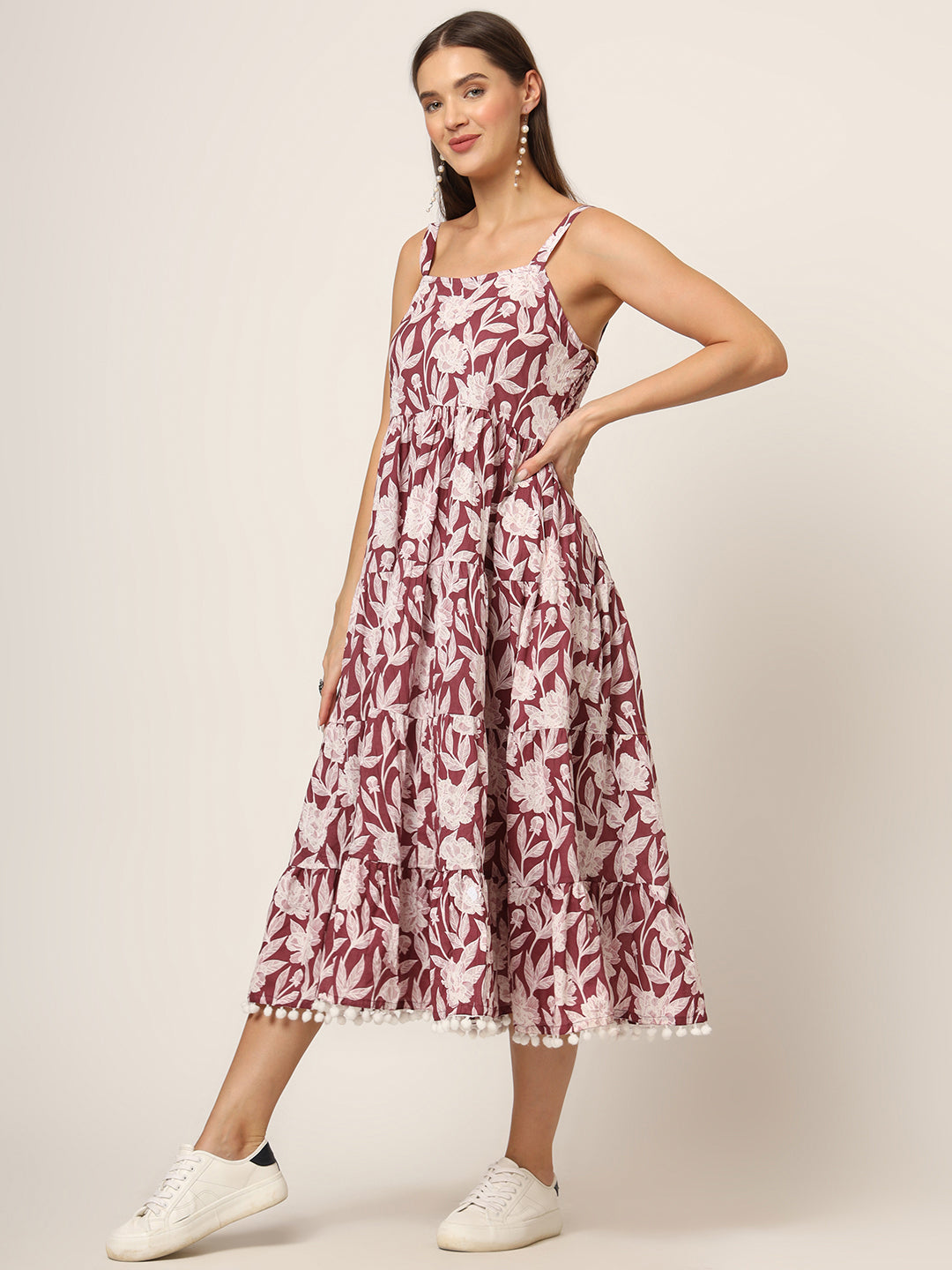 Divena Burgundy Printed Cotton Fabric Fit & Flare Dress