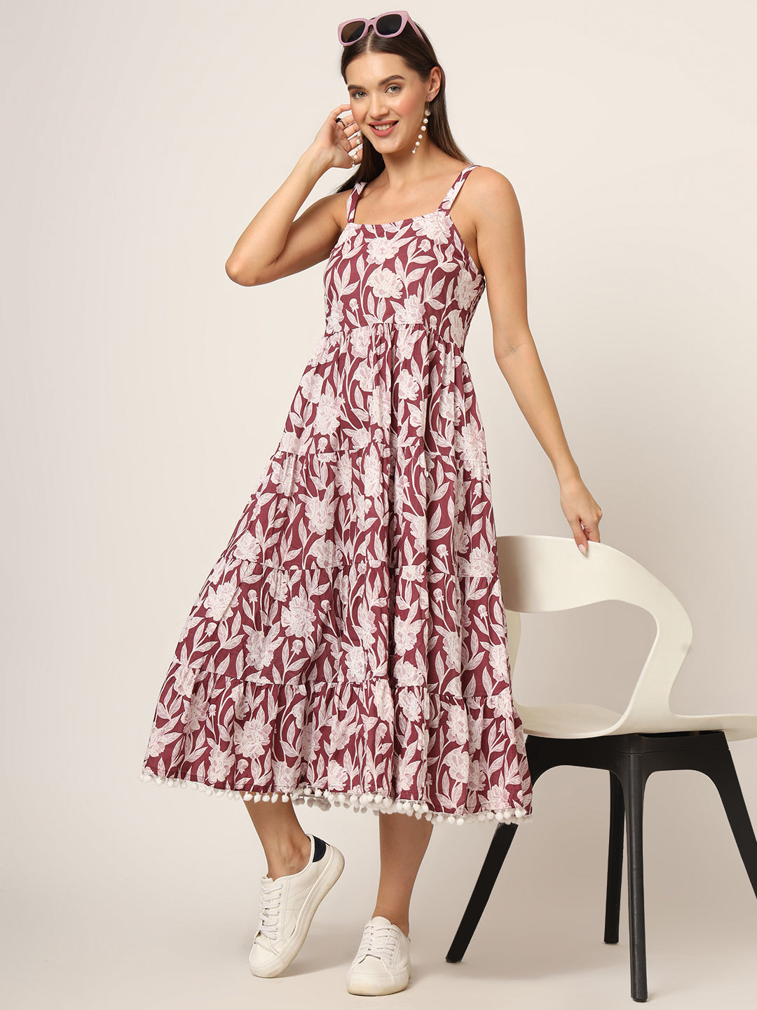 Divena Burgundy Printed Cotton Fabric Fit & Flare Dress