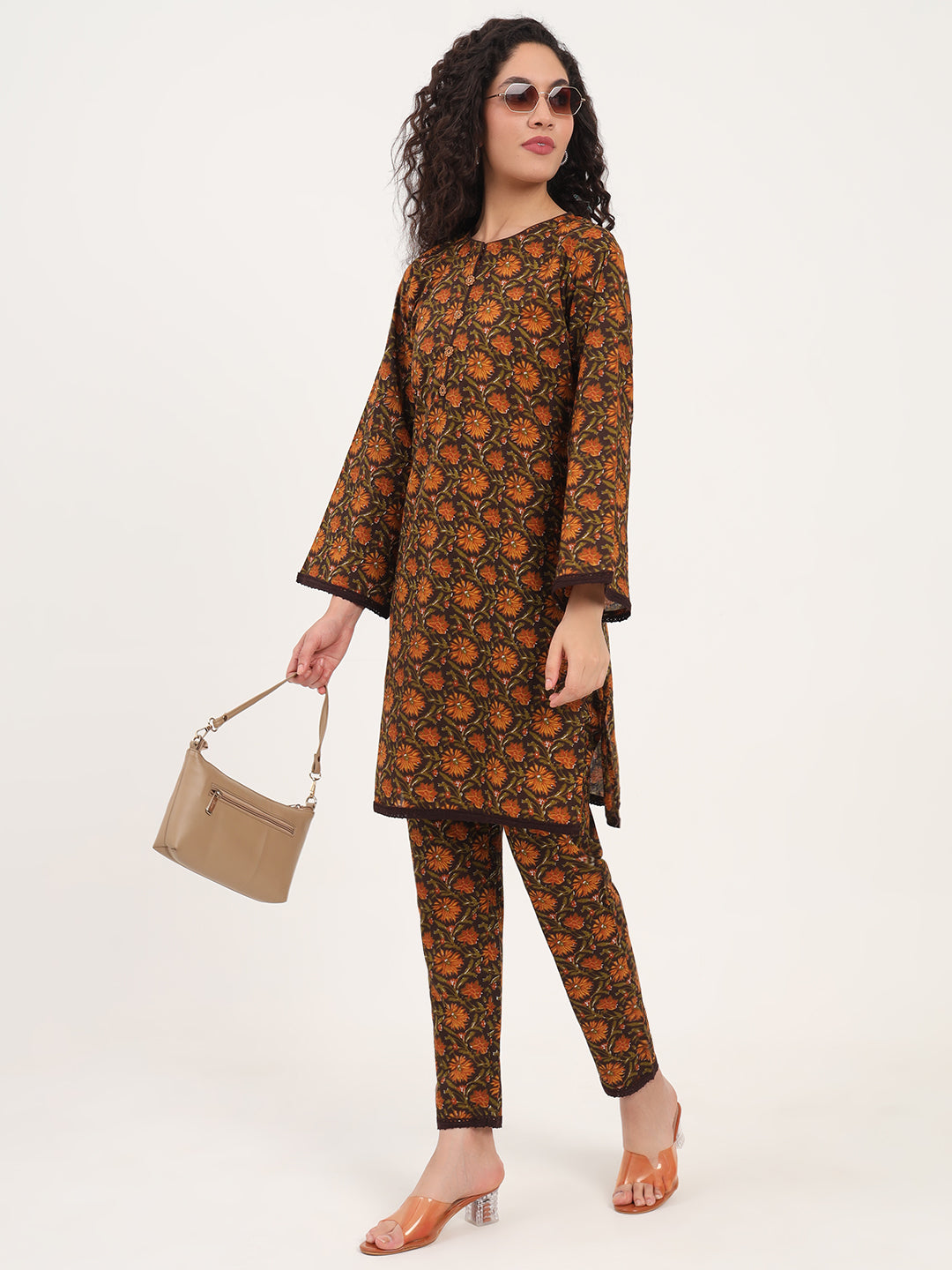 Brown Floral Print Cotton Fabric Straight Kurta with Trouser — view 1