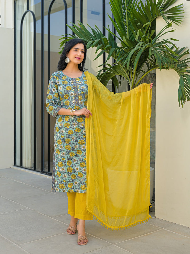 Divena Sky Blue Round Neck Straight Cotton Kurta Pant Set With Dupatta