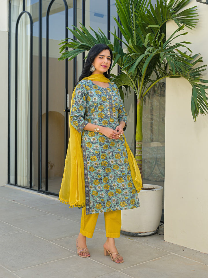 Divena Sky Blue Round Neck Straight Cotton Kurta Pant Set With Dupatta