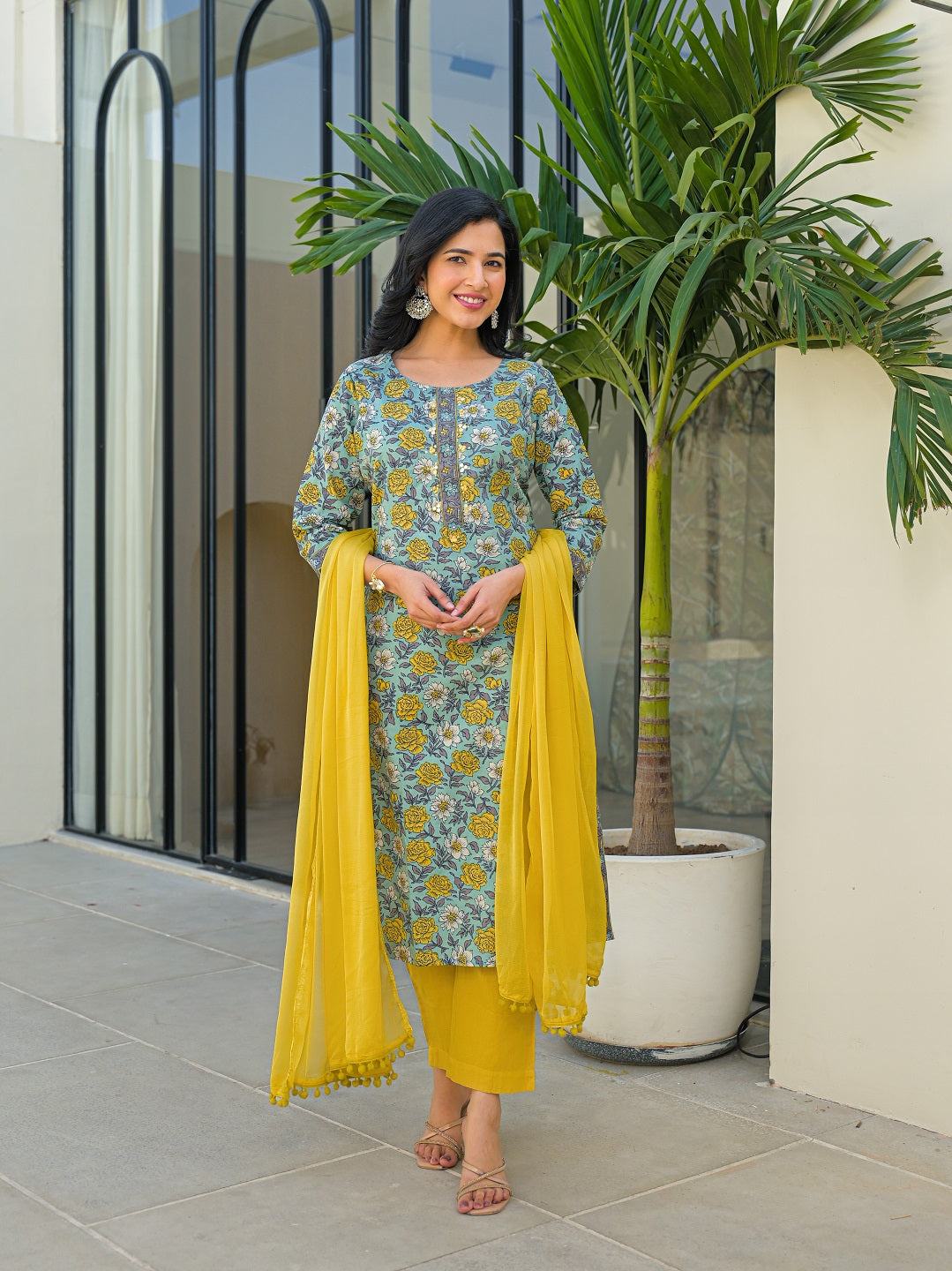 Divena Sky Blue Round Neck Straight Cotton Kurta Pant Set With Dupatta