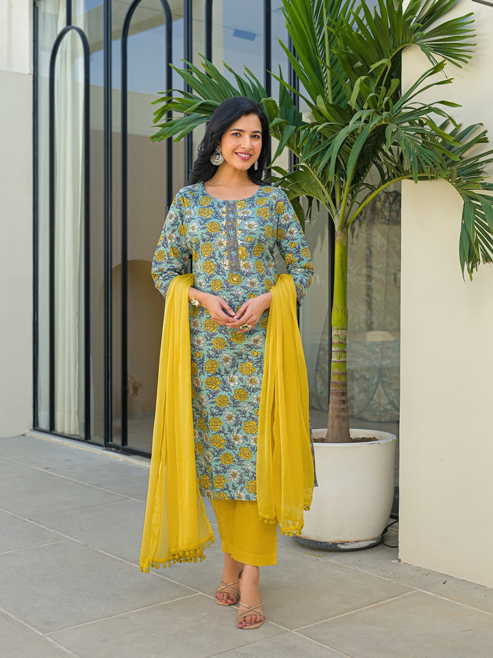 Divena Sky Blue Round Neck Straight Cotton Kurta Pant Set With Dupatta