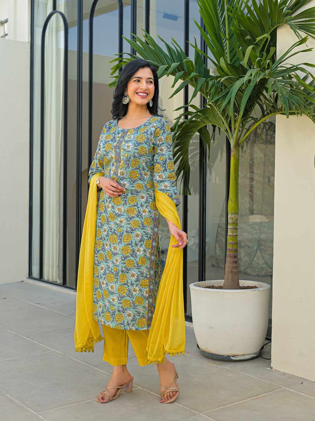 Divena Sky Blue Round Neck Straight Cotton Kurta Pant Set With Dupatta