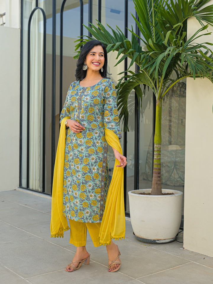 Divena Sky Blue Round Neck Straight Cotton Kurta Pant Set With Dupatta