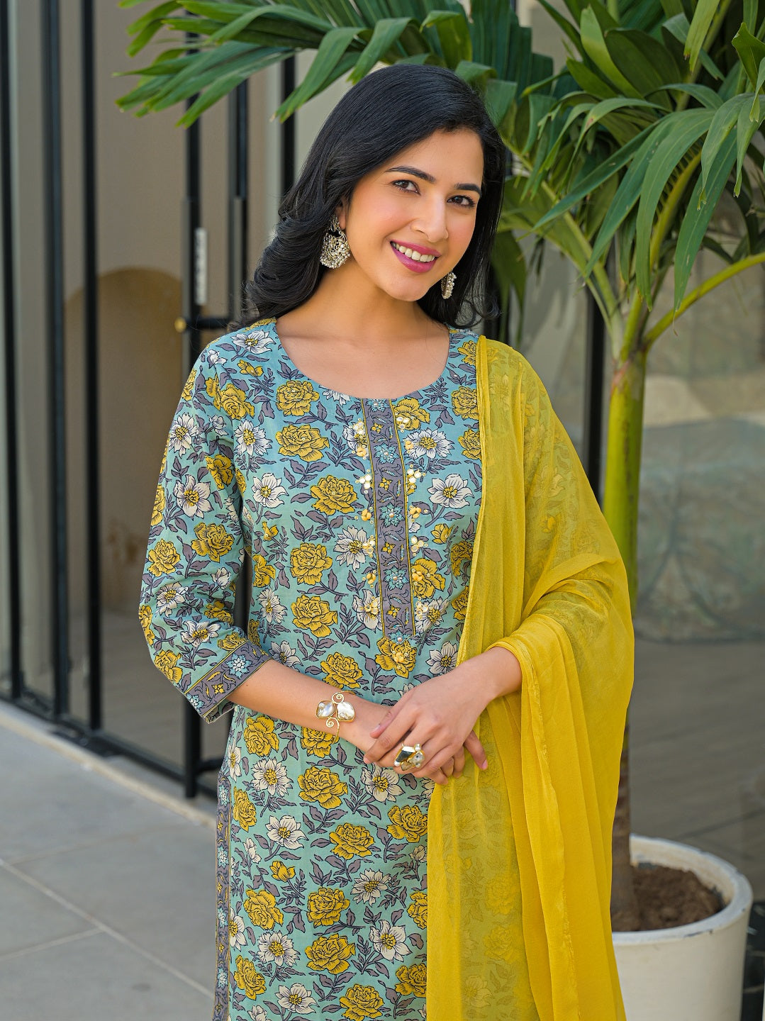 Divena Sky Blue Round Neck Straight Cotton Kurta Pant Set With Dupatta