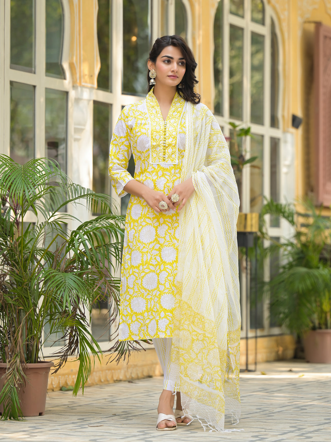 Yellow Hand Block Print Pure Cotton Straight Kurta Set — view 1