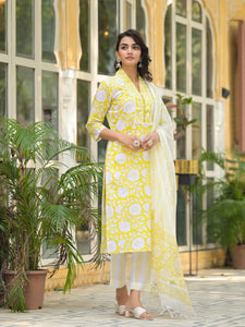 Divena Yellow Hand Block Print Pure Cotton Straight Kurta Set