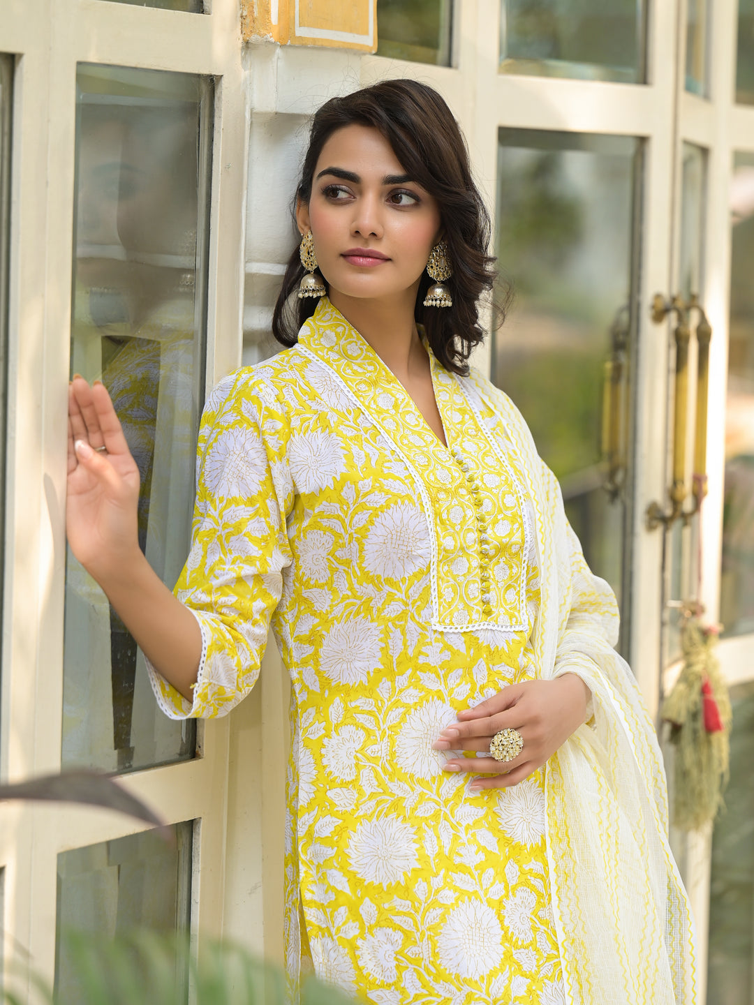 Divena Yellow Hand Block Print Pure Cotton Straight Kurta Set