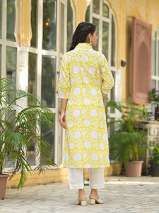 Divena Yellow Hand Block Print Pure Cotton Straight Kurta Set