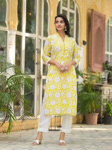 Divena Yellow Hand Block Print Pure Cotton Straight Kurta Set