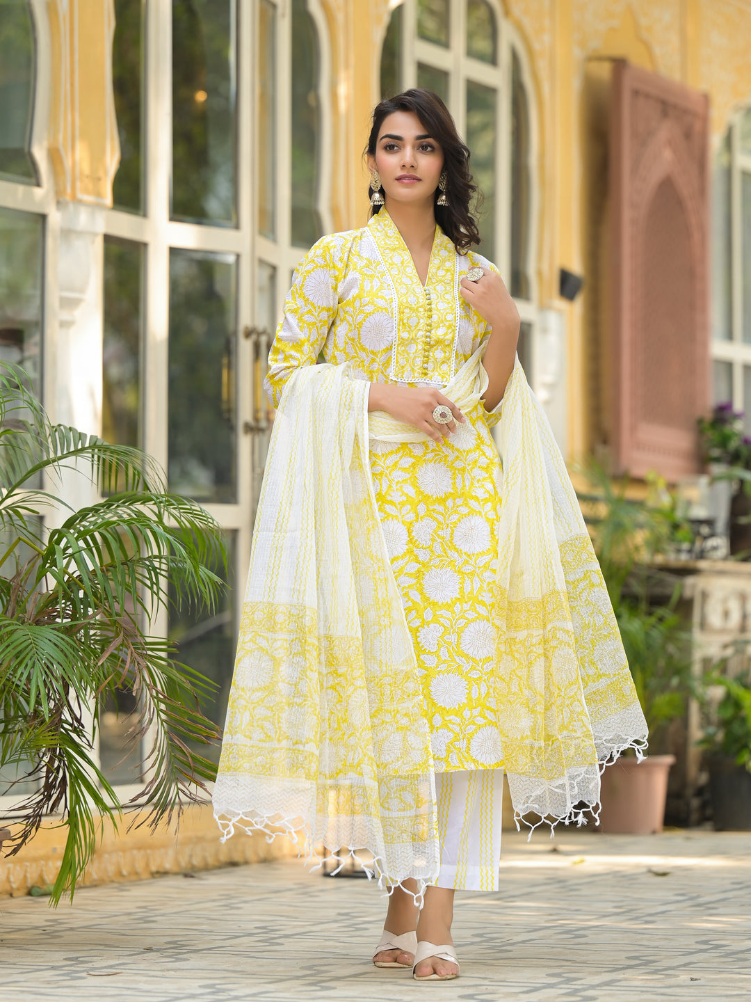 Divena Yellow Hand Block Print Pure Cotton Straight Kurta Set