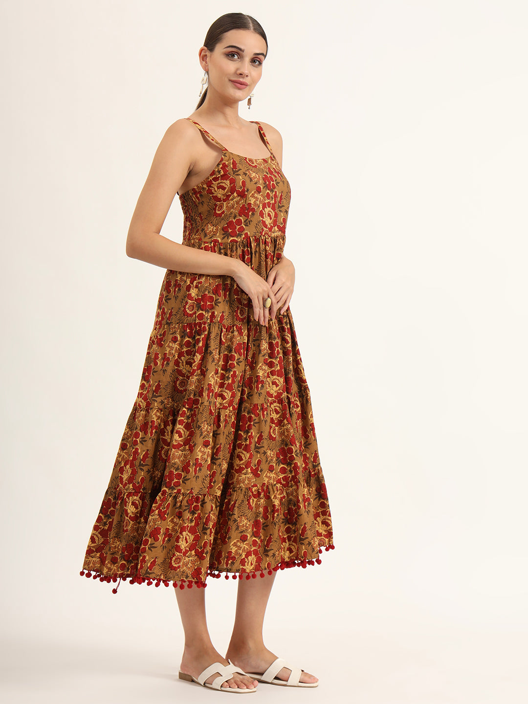 Divena Brown Floral Print Pure Cotton Fit & Flare Dress