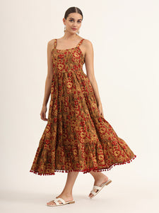 Divena Brown Floral Print Pure Cotton Fit & Flare Dress