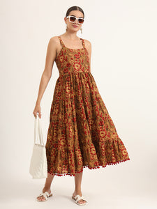 Divena Brown Floral Print Pure Cotton Fit & Flare Dress