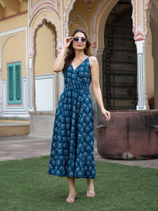 Divena Indigo Blue Floral Print Pure Cotton Fit & Flare Dress