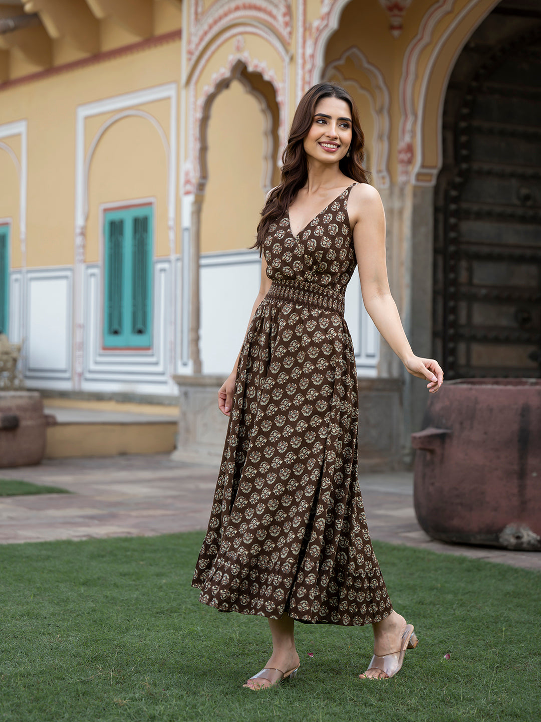 Divena Brown Floral Print Pure Cotton Fit & Flare Dress divena world Divena Brown Floral Print Pure Cotton Fit & Flare Dress divena world