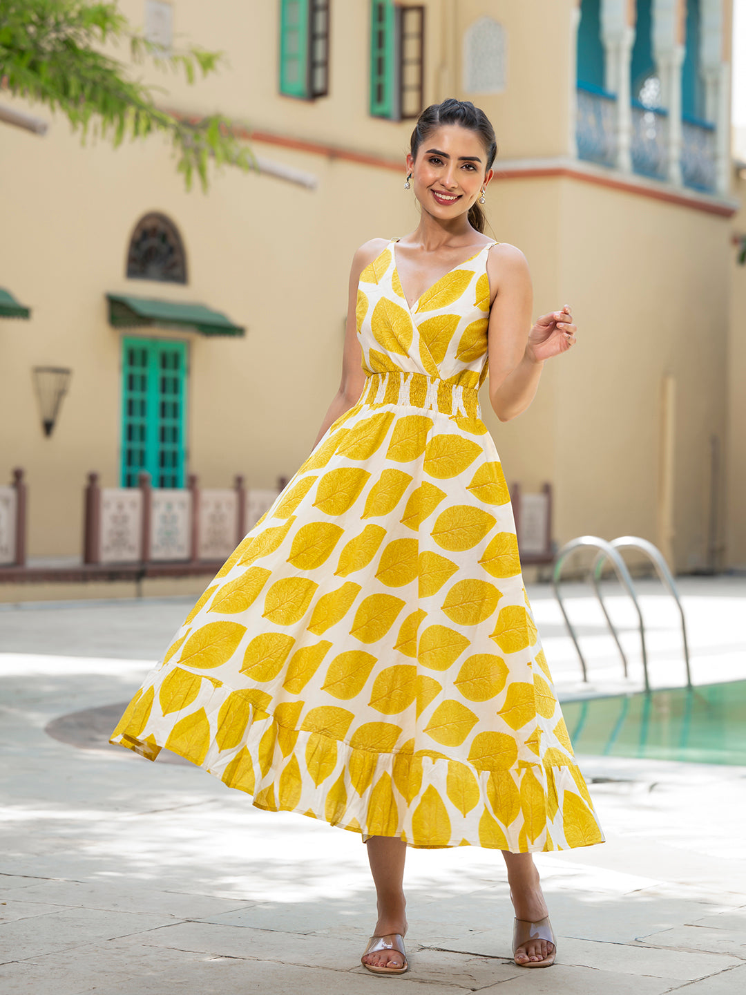 Yellow Printed Pure Cotton Fit & Flare Dress — view 1