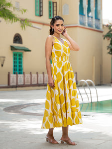 Divena Yellow Printed Pure Cotton Fit & Flare Dress