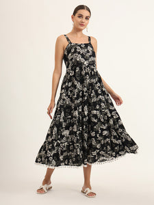 Divena Black Floral Print Pure Cotton Fit & Flare Dress