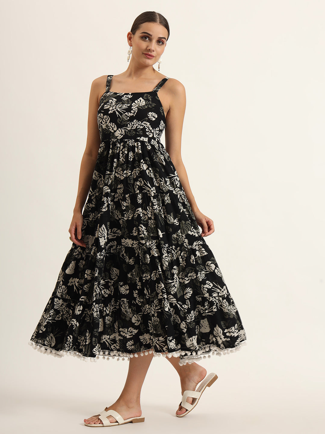 Divena Black Floral Print Pure Cotton Fit & Flare Dress