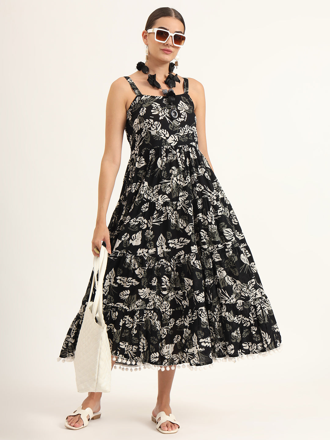 Divena Black Floral Print Pure Cotton Fit & Flare Dress