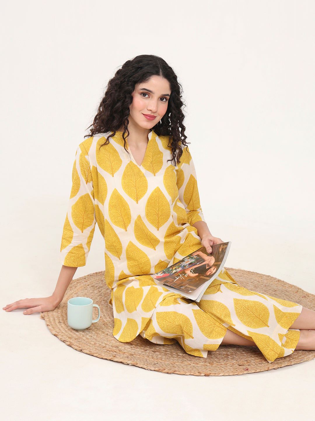 Yellow Printed Cotton Night Suit — view 1
