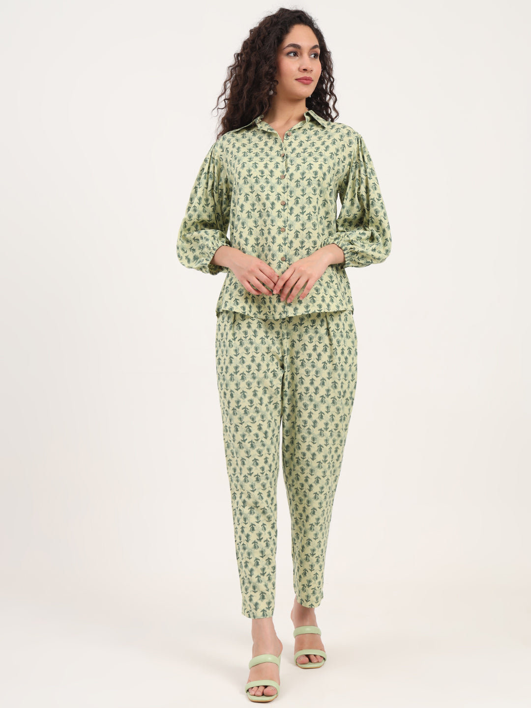 Green Floral Print Rayon Fabric Shirts Pant With Crop Top three Piece set — view 1