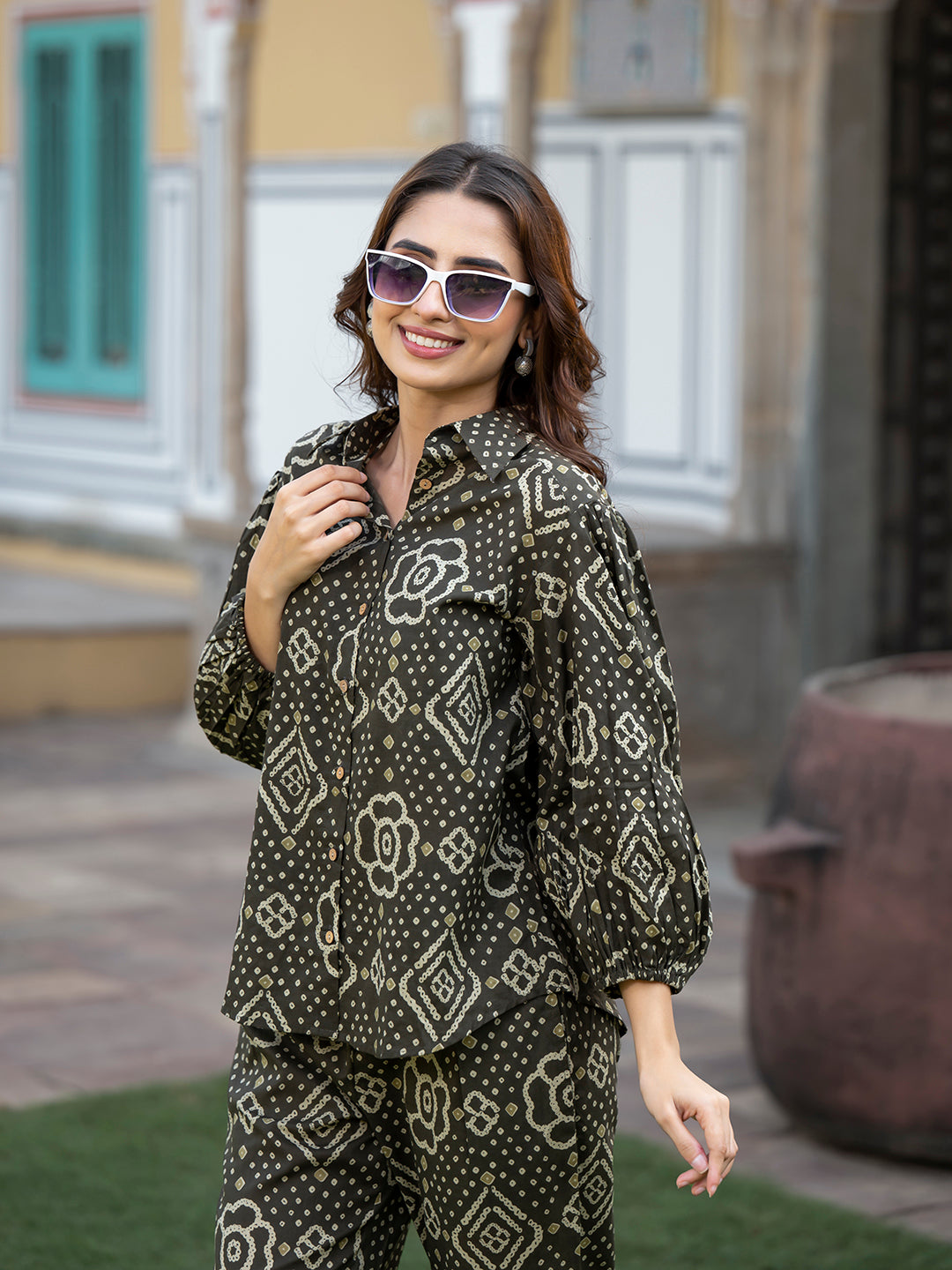 Brown Floral Print Pure Cotton Straight Co-ord Set — view 1