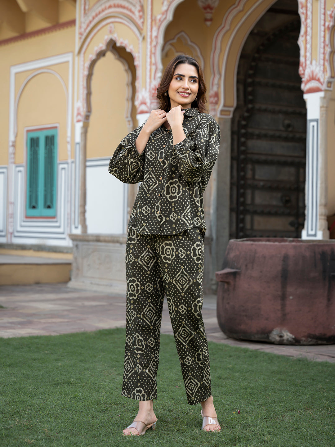 Divena Brown Floral Print Pure Cotton Straight Co-ord Set