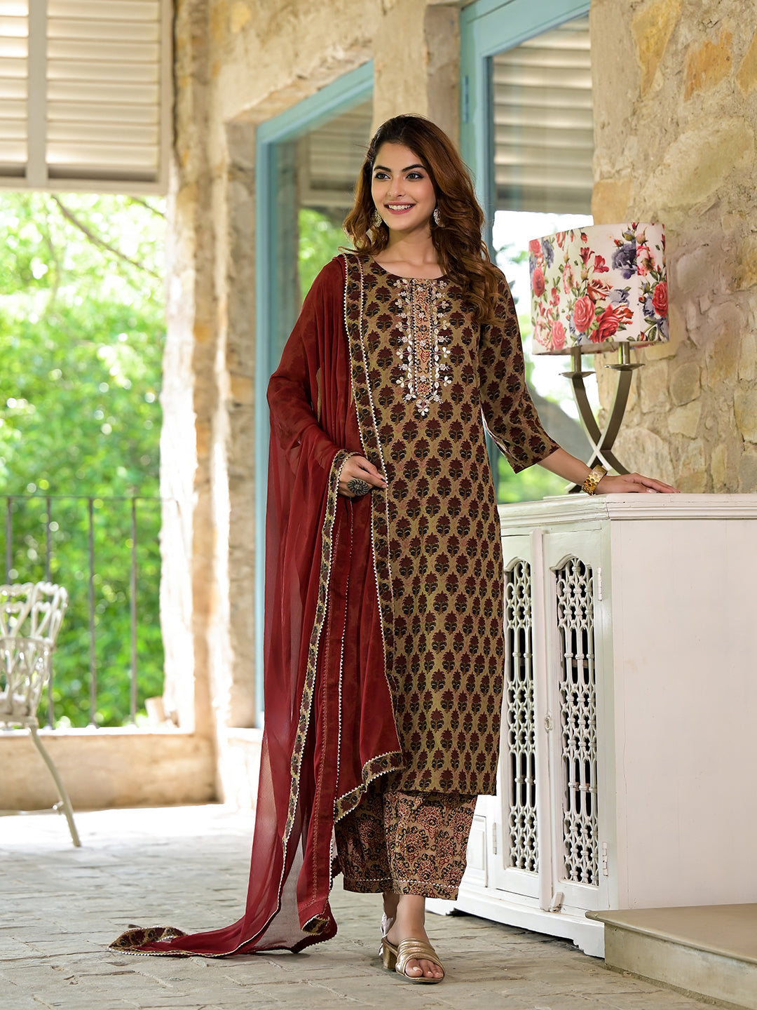 Divena Brown Straight fit Zardozi Work Knee Long Cotton Kurta Set for women