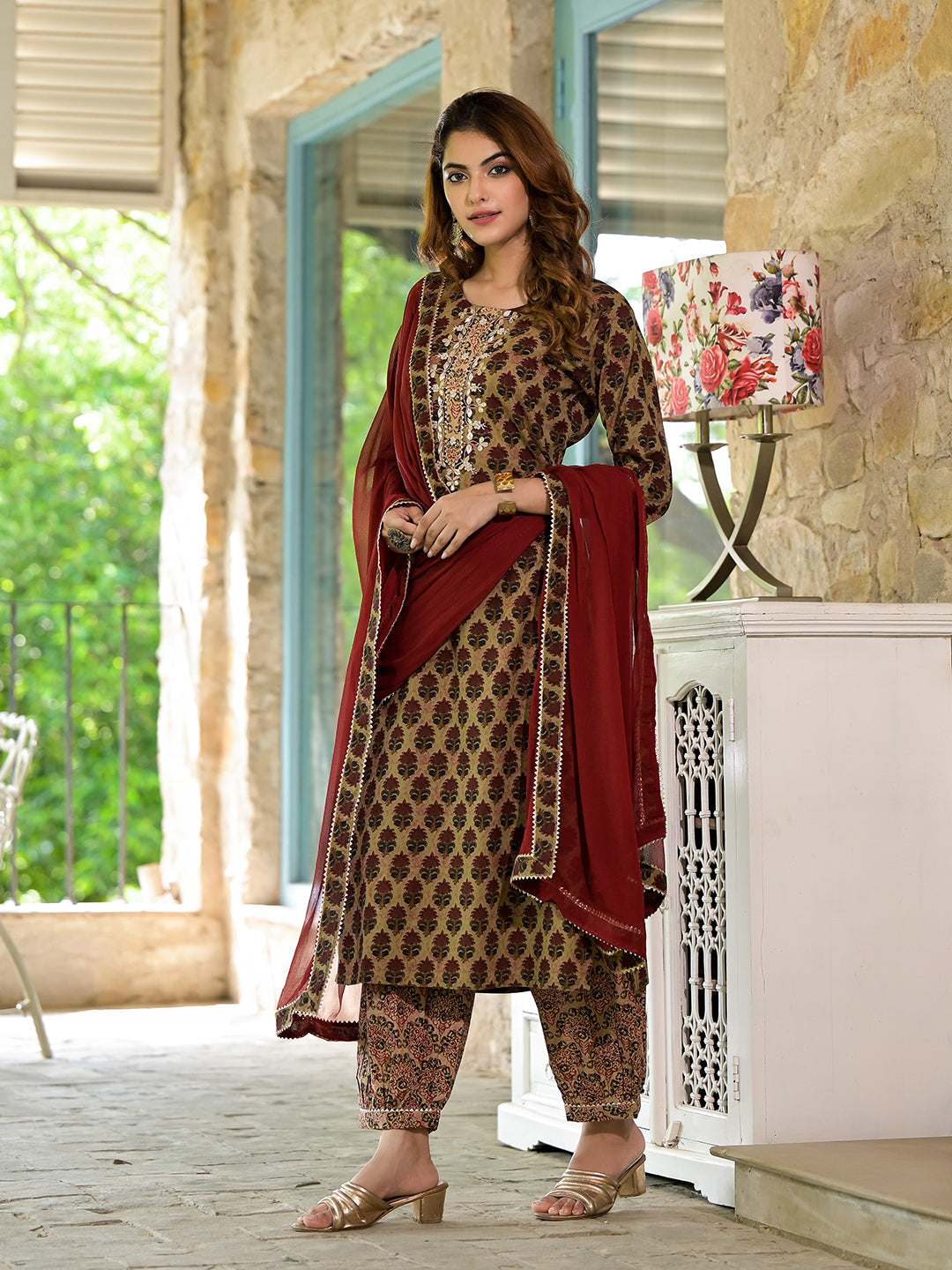 Divena Brown Straight fit Zardozi Work Knee Long Cotton Kurta Set for women