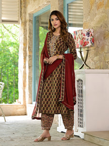 Divena Brown Straight fit Zardozi Work Knee Long Cotton Kurta Set for women