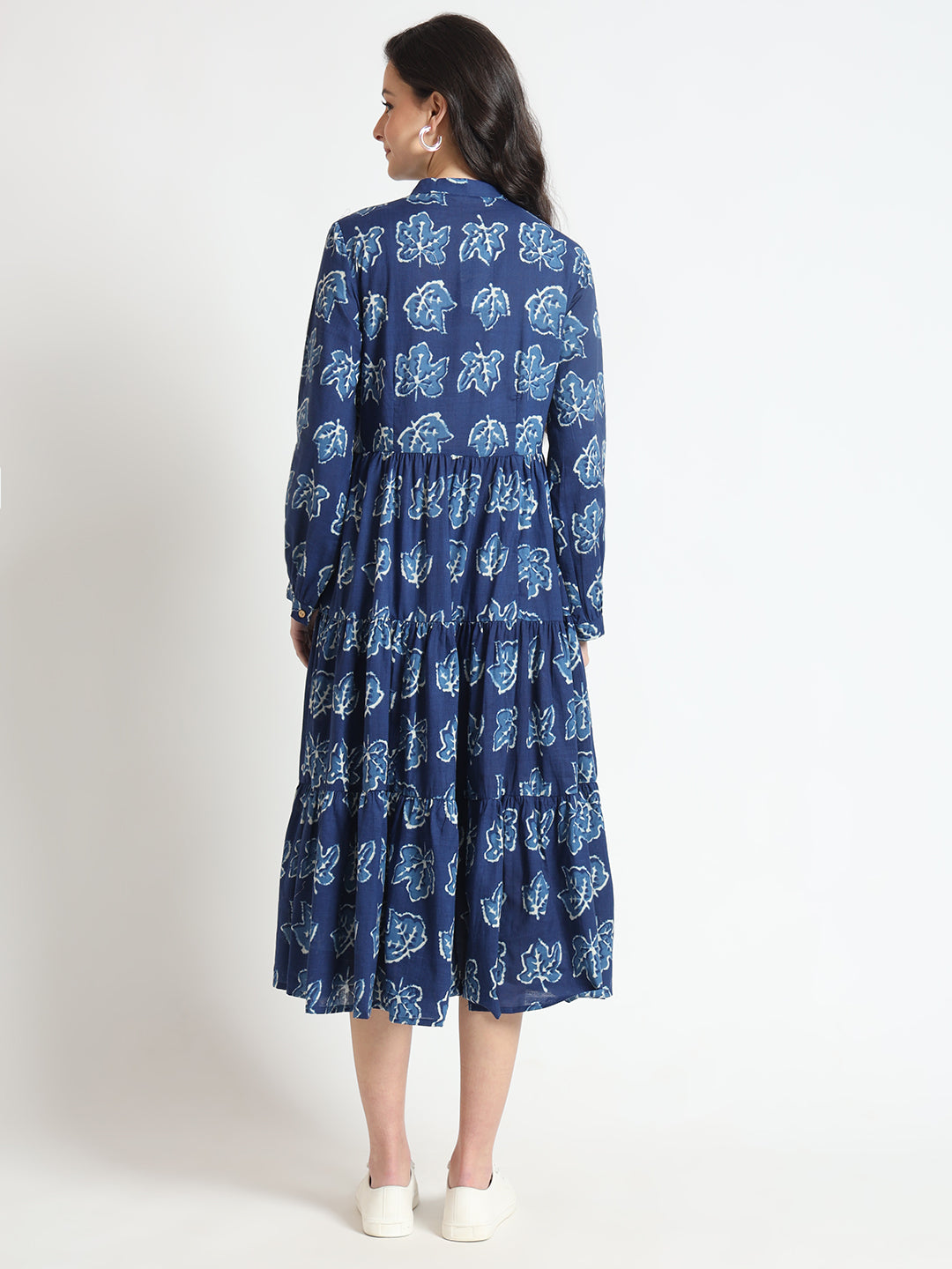 Divena Blue Floral Print Cotton Fabric Flared Dress