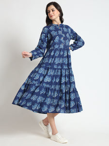 Divena Blue Floral Print Cotton Fabric Flared Dress