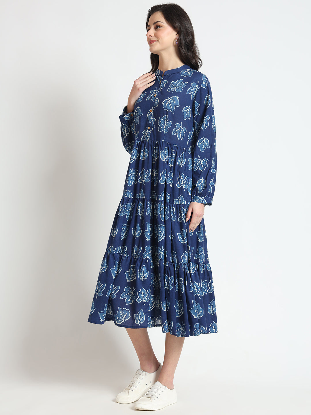 Divena Blue Floral Print Cotton Fabric Flared Dress