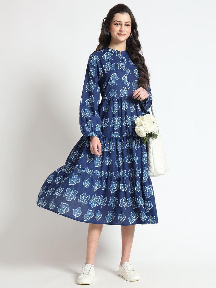 Divena Blue Floral Print Cotton Fabric Flared Dress
