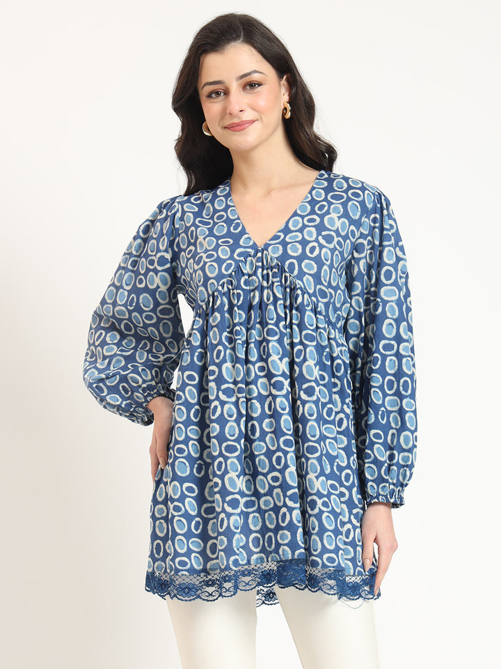 Divena Blue Cotton V-Neck Top