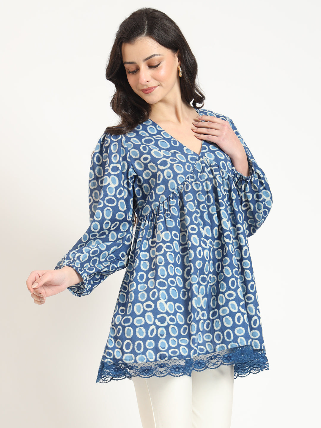 Divena Blue Cotton V-Neck Top