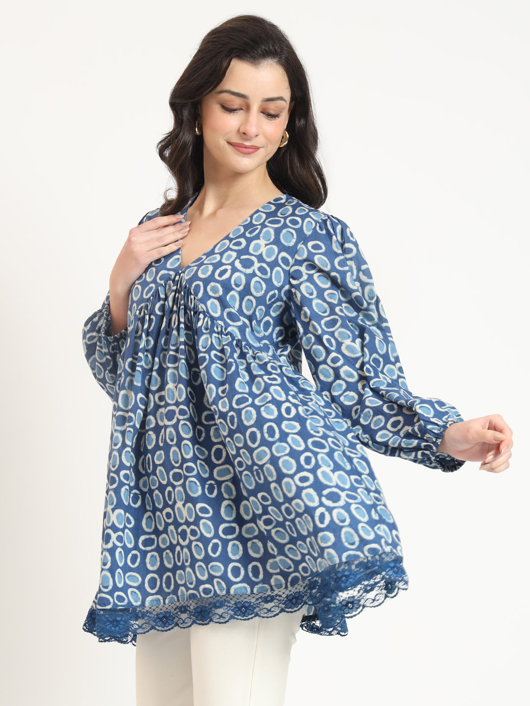 Divena Blue Cotton V-Neck Top