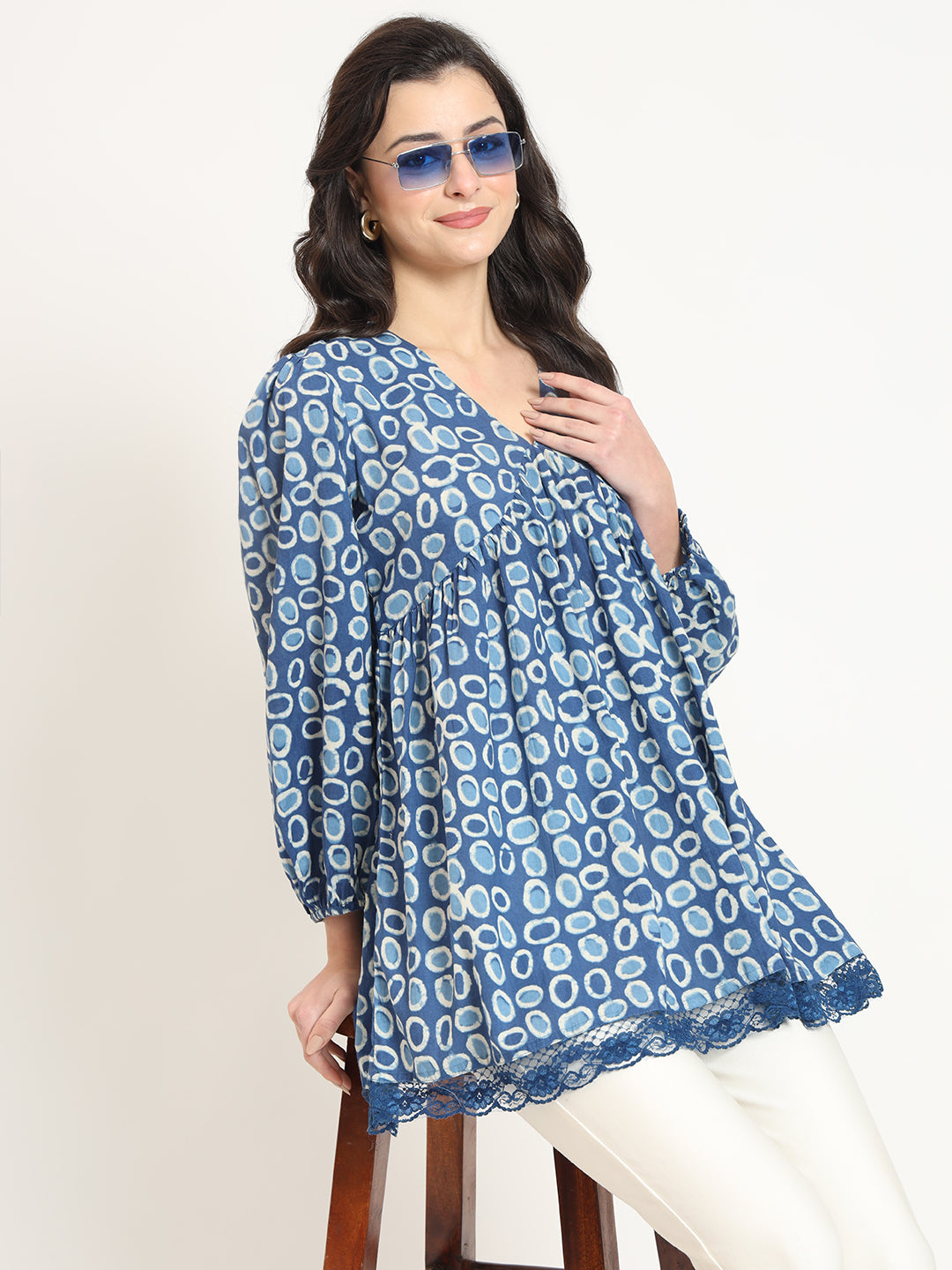 Blue Cotton V-Neck Top — view 1