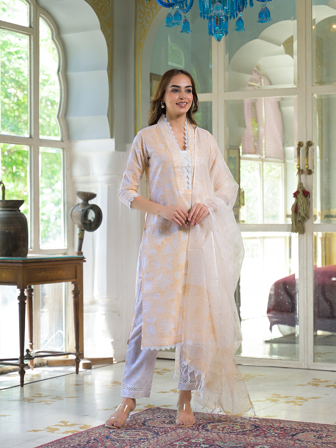 Peach Block Print Cotton Straight Kurta Pant with Dupatta — view 1