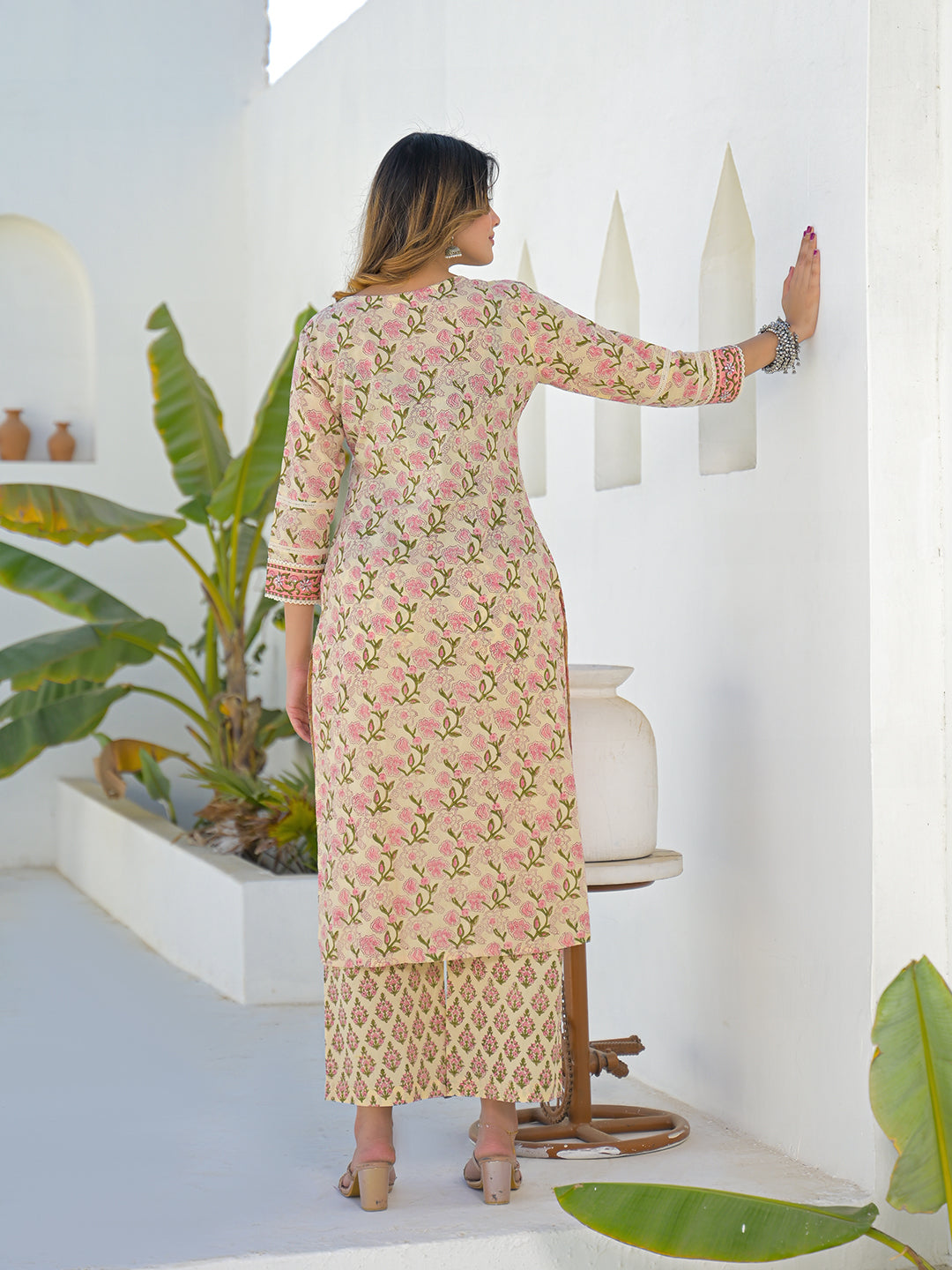 Divena Cream Hand Block Straight Cotton Kurta Pant Set With Dupatta